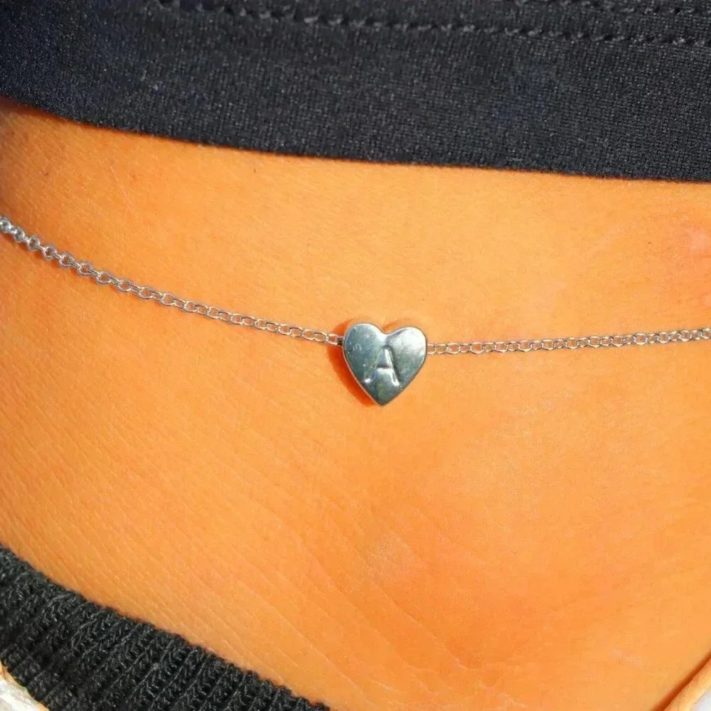 ▶ PERSONALIZED❤️HEART CHARM A to Z, DAINTY SILVER INITIAL ANKLET GIRL, ELDM22302 - Picture 8 of 14